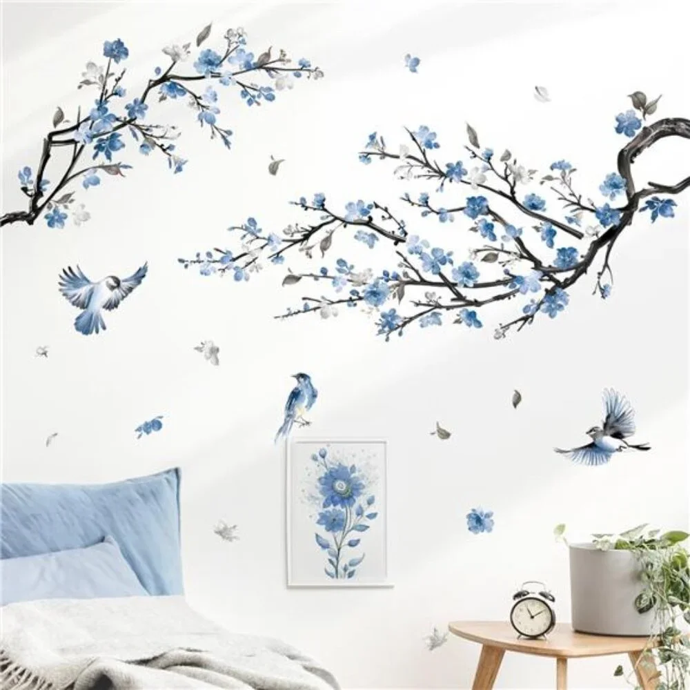 Blue Flower Wall Decals Watercolor Tree Branch Floral Stickers Bedroom Living